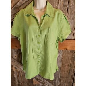 Kim rogers size XL linen green short sleeve button up Career Casual summer top ^